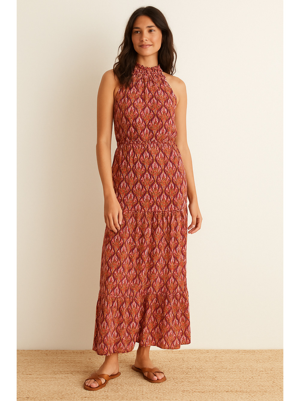 Taylor Pink Purple Peacock Feather Print Halter Maxi Dress Size 10